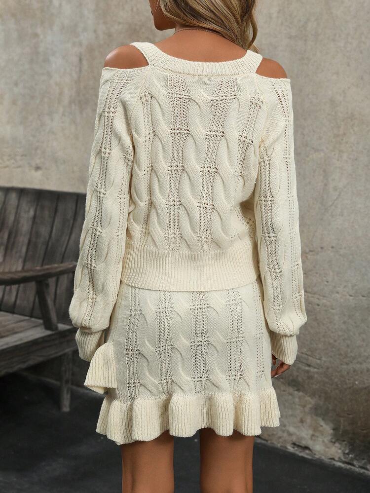 Hollow Out Shoulder Cable Sweater And Ruffle Hem Knitted Skirt Set Fall Cloth For Women
