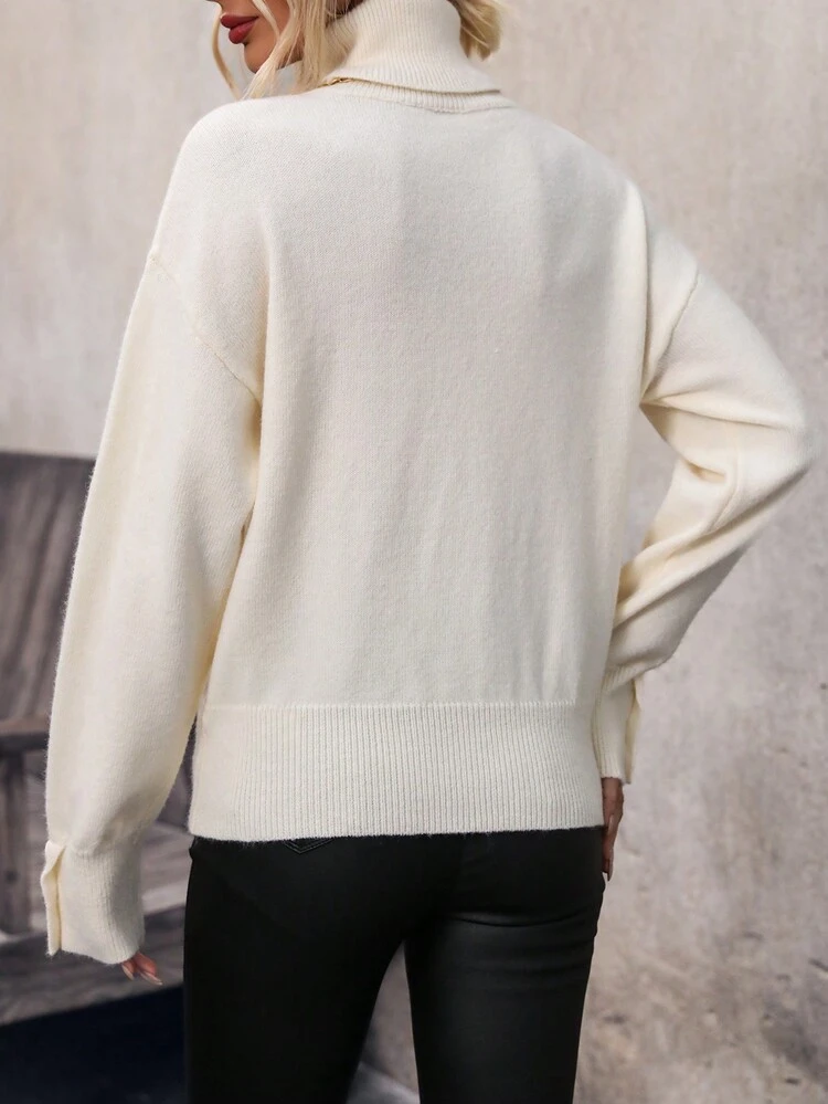 High Neck Drop Shoulder Knit Pullover Fall Winter Sweater
