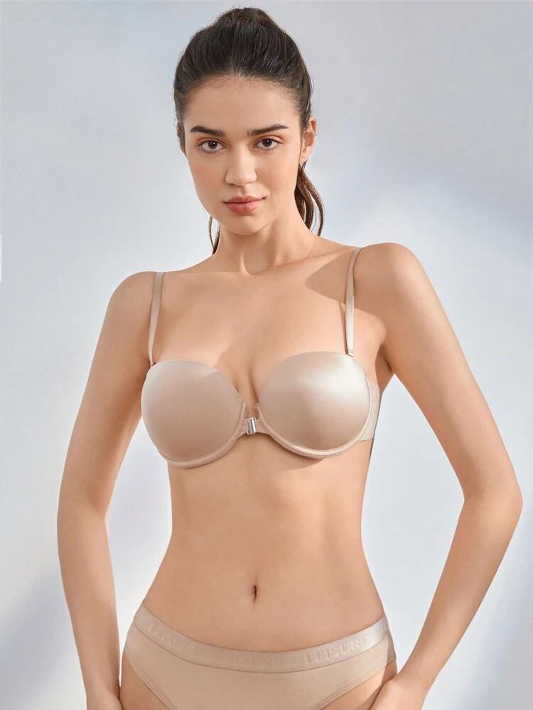 Women's Casual-Comfy Knitted Fabric Push Up Bra With Backless Design And High Stretch In Apricot Plain