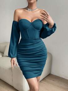 SHEIN Privé Ladies' Off Shoulder Pleated Bodycon Dress With Lantern Sleeves - Teal Blue - View 4