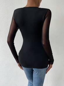 SHEIN Privé Women's Mesh Contrast Long Sleeve Top - Black - View 2