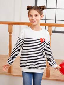 女童針織愛心印花和條紋圓領寬鬆休閒t恤 - 彩色 - 查看 4