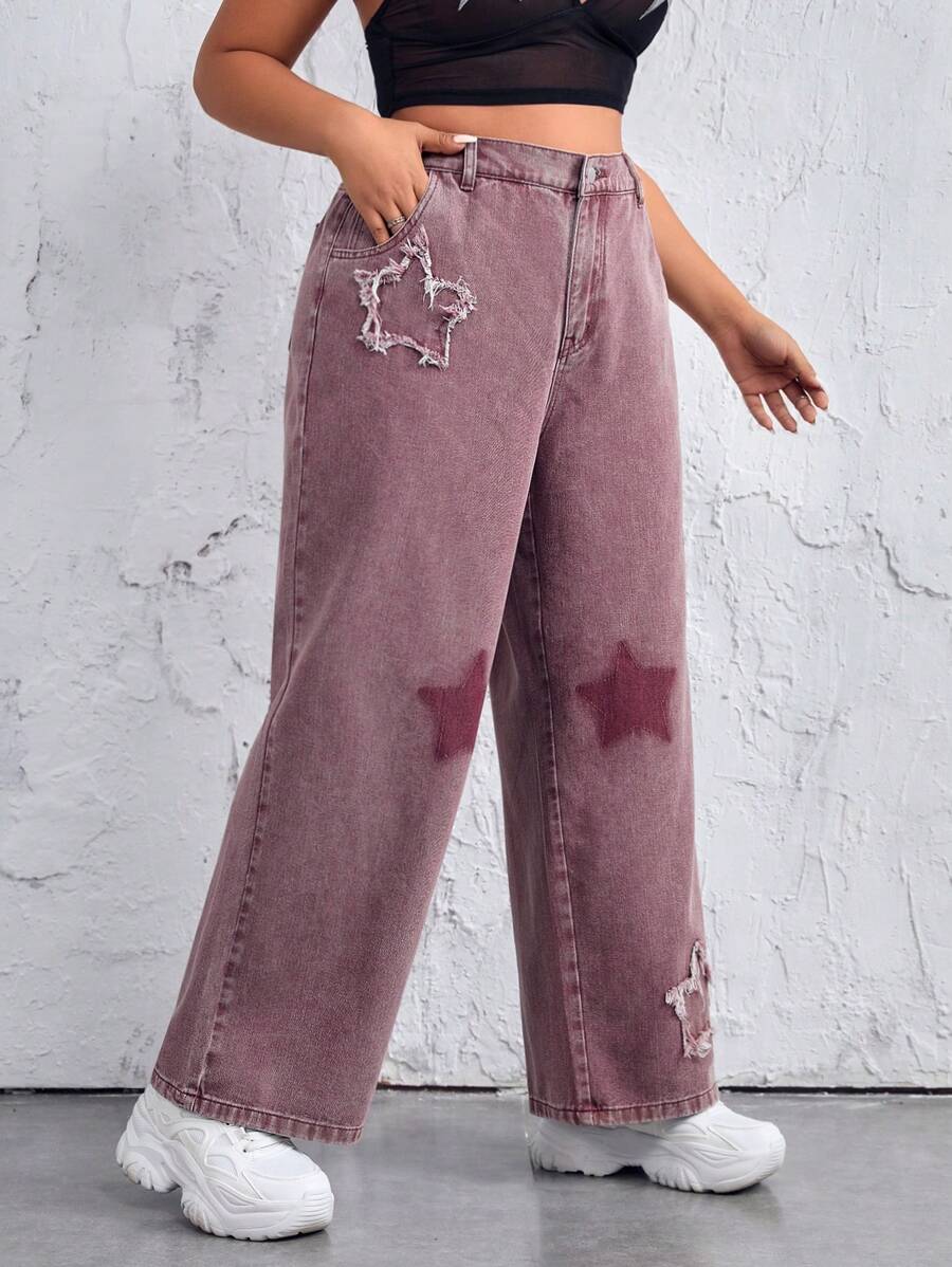 SHEIN ICON 女式大尺碼星星圖案直筒牛仔褲 - 粉色 - 查看 1