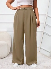 SHEIN EZwear 秋冬大码女式微褶直筒西装裤 - 卡其色 - 查看 3