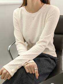 DAZY 女款純色修身圓領羅紋羈絆 T 卹 - 米色 - 查看 4