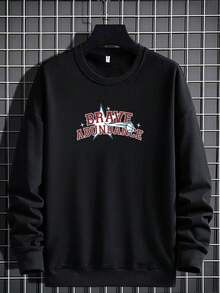 1 件男士休閒圓領標語印花運動衫 - 黑色 - 查看 1