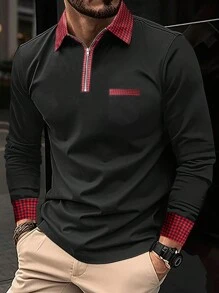 Manfinity Homme Men's Plus Size Patchwork Plaid Polo Shirt - Black - View 1