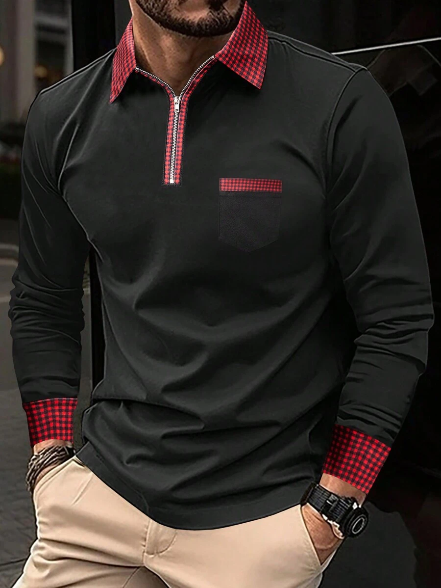 Manfinity Homme Men's Plus Size Patchwork Plaid Polo Shirt - Black - View 1