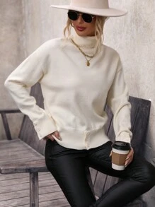 SHEIN LUNE High Neck Drop Shoulder Knit Pullover Fall Winter Sweater - Beige - View 6