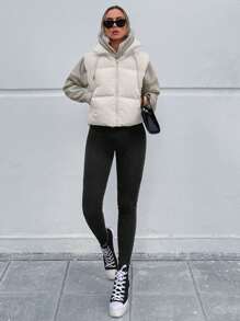 EURMUSE Drawstring Detail Zipper Vest Puffer Coat - Beige - View 5