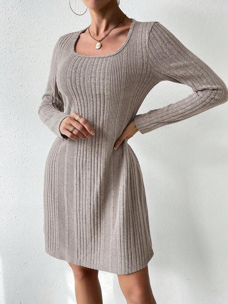 Women's Solid Color Round Neck Ribbed Casual Dress Without Belt Fall Cloth For Women