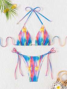 女士領口連頸帶兩件式比基尼套裝，適用於音樂節 - 彩色 - 查看 2