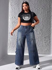 SHEIN ICON Plus Size High Waist Straight Leg Cargo Jeans - Dark Wash - View 5
