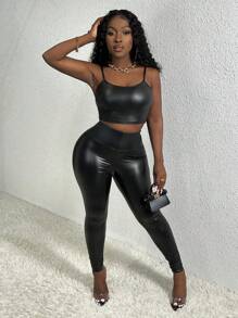 Slaydiva 2024 Sexy Music Festival/Rave Streetwear For Women, Gyaru Casual Bodycon Basic Fitted PU Material Cami Crop Top For Women, Suitable For Dates, Home