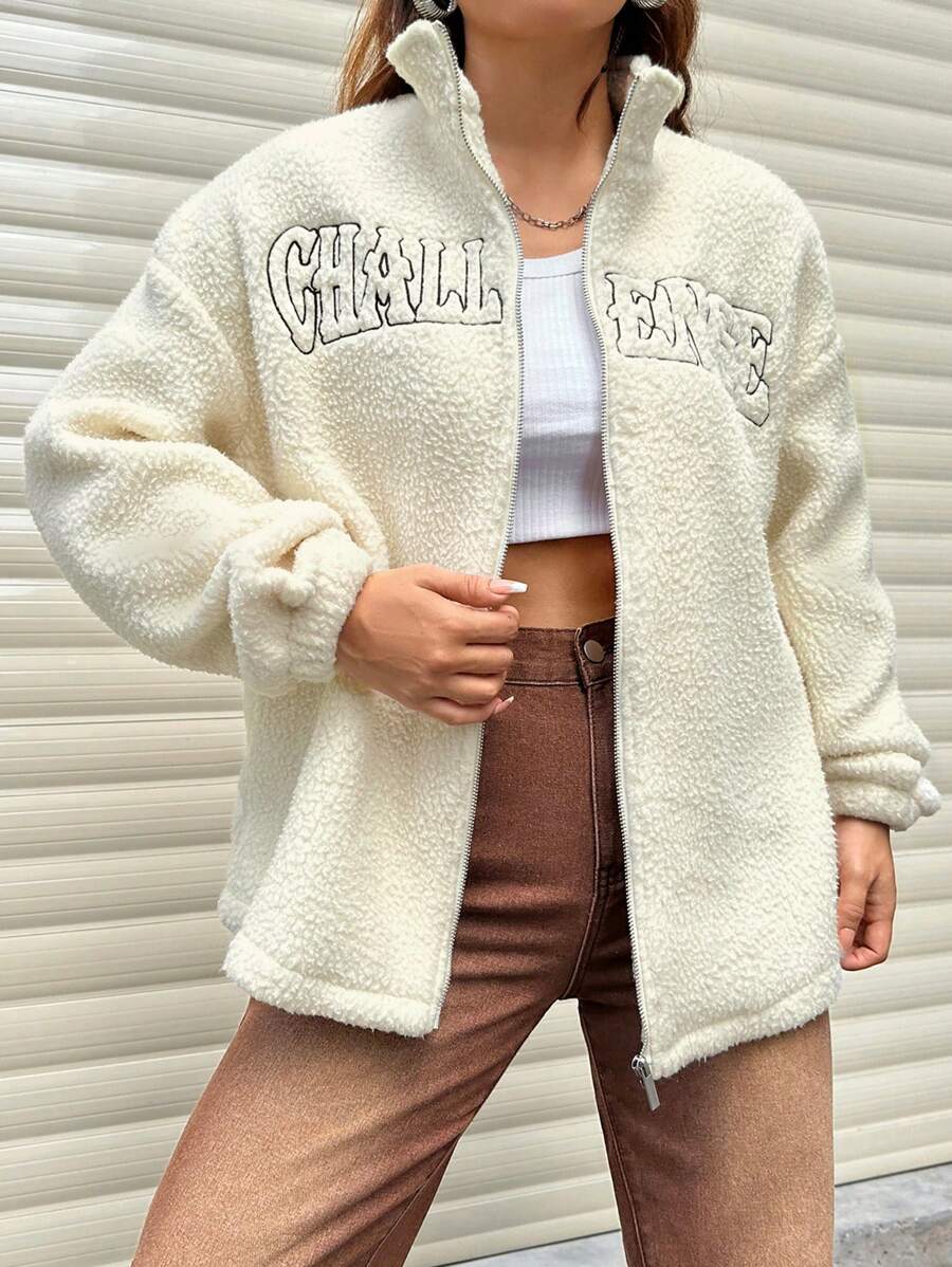 SHEIN Unity Women's Solid Color Plush Letter Print Long Sleeve Jacket - Apricot - View 1