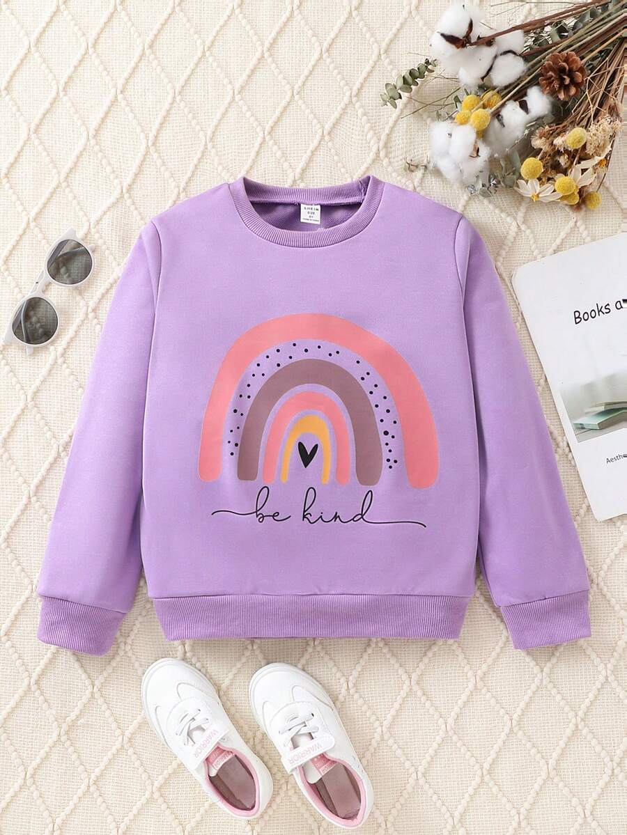 SHEIN Tween 女童字母印花圆领运动衫 - 紫色 - 查看 1