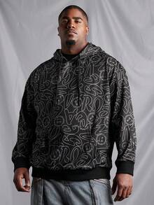 SHEIN Manfinity Homme 男士大碼連帽衫,全印花圖案和拉繩 - 黑色 - 查看 3