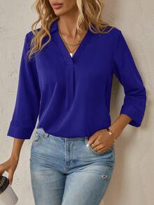 SHEIN Clasi 純色v領領口襯衫 - 寶藍色 - 查看 6