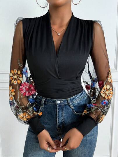 Calvaya 花卉刺繡燈籠袖上衣