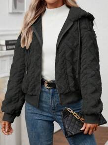 EMERY ROSE 女式黑色紋理毛絨連帽夾克 - 黑色 - 查看 3