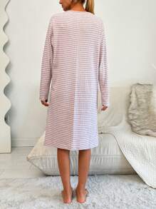 RueChic Letter & Cartoon Embroidery Striped Nightdress - Pink - View 2