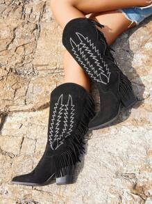 Styleloop Retro Western Style Embroidered Tassel Cowboy Boots Farm Boots Ranch Boots Riding Boots High Boots Motorcycle Boots - Black - View 3