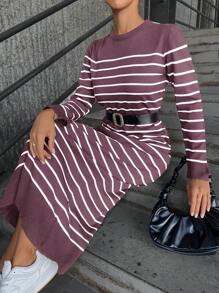 SHEIN Cottnline Striped Long Sleeve Round Neck Sweater Dress - Dusty Pink - View 5