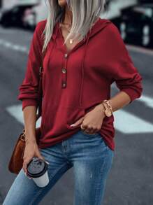 SHEIN LUNE Sudadera Roja Con Capucha Y Cordón De Ajuste Regular Para Mujer - Burdeos - Ver 1