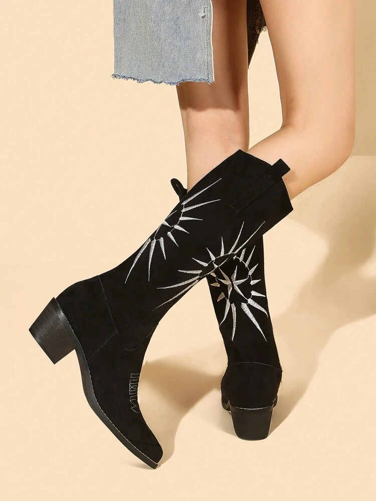Fashionable Embroidered Chunky Heel High Boots For Women