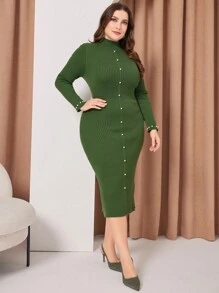 Modelyn Của phụ nữ Kích thước lớn Trân châu Trang trí Đứng cổ áo Đầm Áo len - xanh quân đội - Xem 3