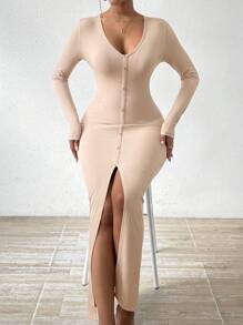 SHEIN Essnce Women's V-neck Slim Fit Button Front Slit Hem Dress - Apricot - View 1