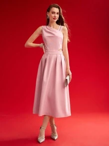 MOTF PREMIUM 编织女式不对称颈链细节褶皱连衣裙，情人节装 - 粉色 - 查看 6