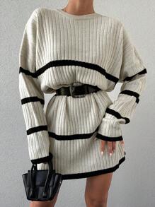 EURMUSE Loses, Geripptes Pulloverkleid Für Damen Mit Drop Shoulder - Schwarz und Weiss - Übersicht 1