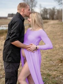 Maternity Off Shoulder Chiffon Dress With High Slit And Splice Design For Photo Shooting With Long Sleeve For Maternity Photoshoot - Mauve Purple - View 5