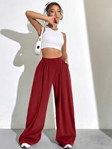 SHEIN Unity Pantalones De Piernas Anchas De Color Sólido Para Mujer - Rojo - Ver 4