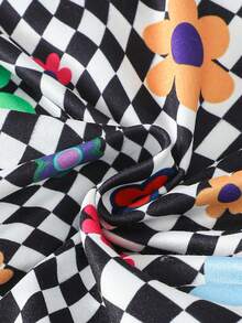 SHEIN 2 件套年轻女孩彩色菊花和黑白格子印花盖袖长袖 T 恤和长裤套装，秋冬季 - 彩色 - 查看 3