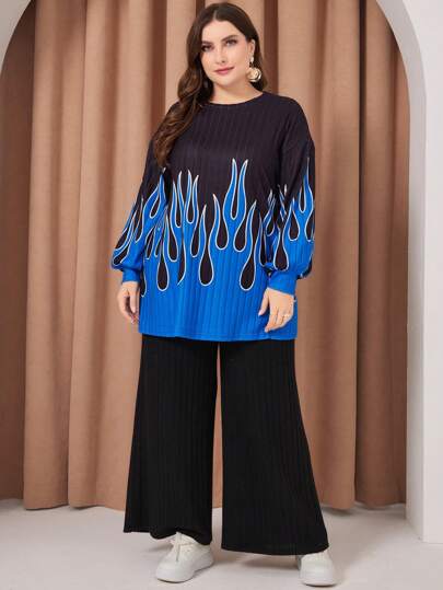 Mulvari Plus Size Flame Pattern T-shirt And Pants Set