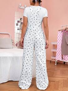 SHEIN EZwear Women's Floral Print Overalls Jumpsuit - White - View 2
