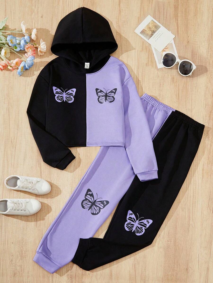 Sparklyn Teen Girls' Butterfly Printed Hoodie And Sweatpants Set With Patchwork Design