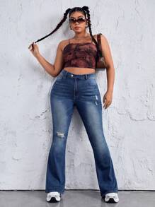 SHEIN EZwear Women's Plus Size Distressed Water Washing Flared Jeans - Dark Wash - View 4