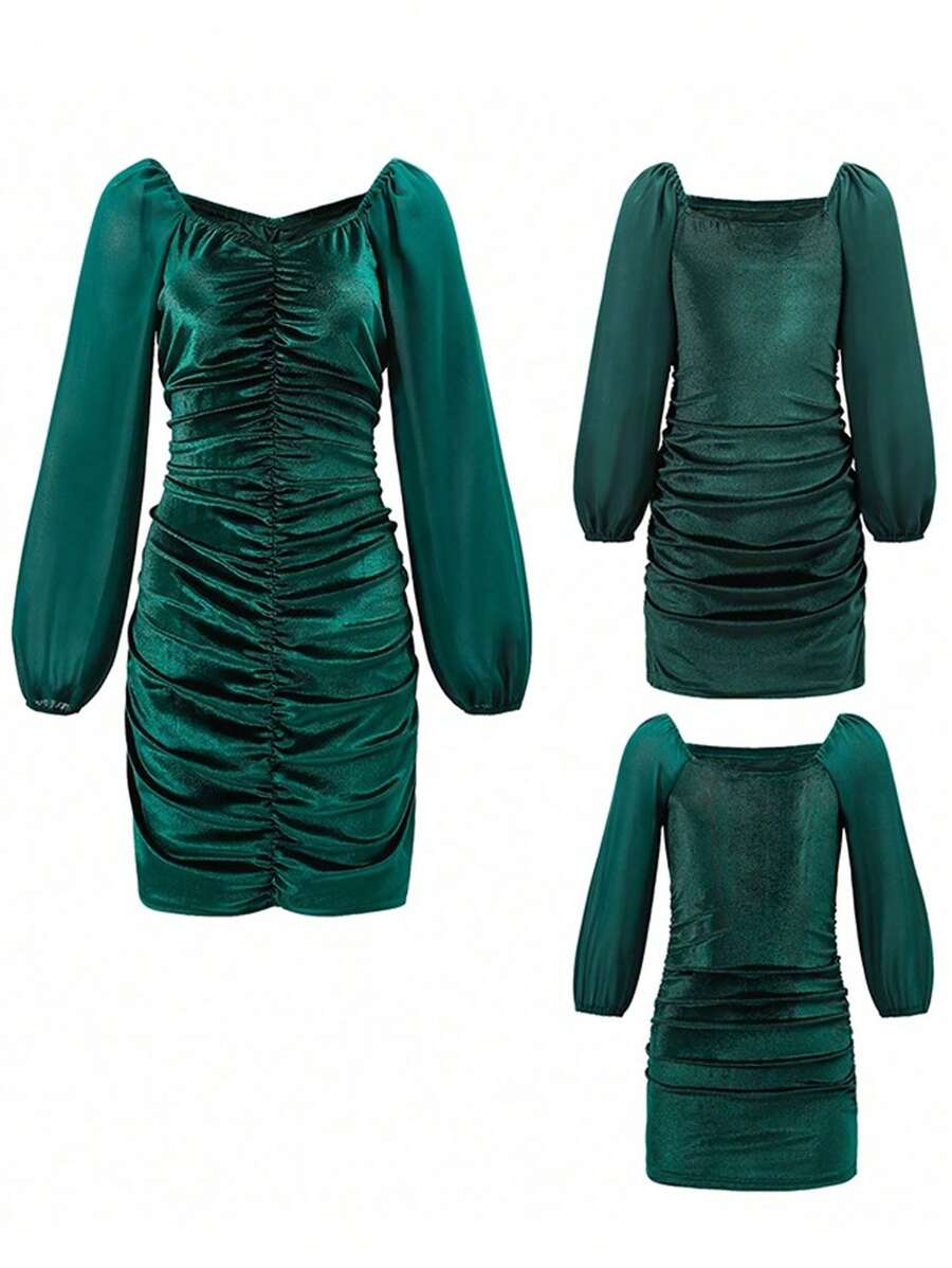 SHEIN 女小童方領側收褶洋裝 - 綠色 - 查看 1