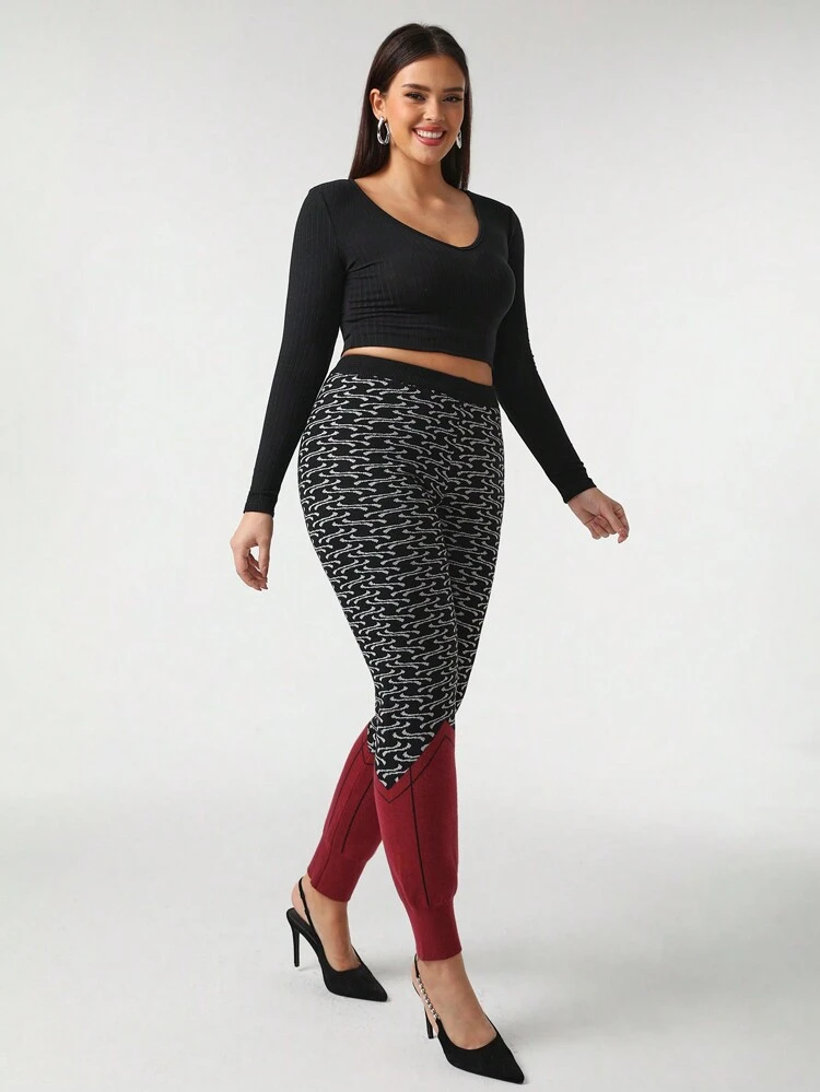 Designer Plus Geo Pattern Colorblock Knit Pants, For Holiday, Vacation, Festival, Ibiza Fits