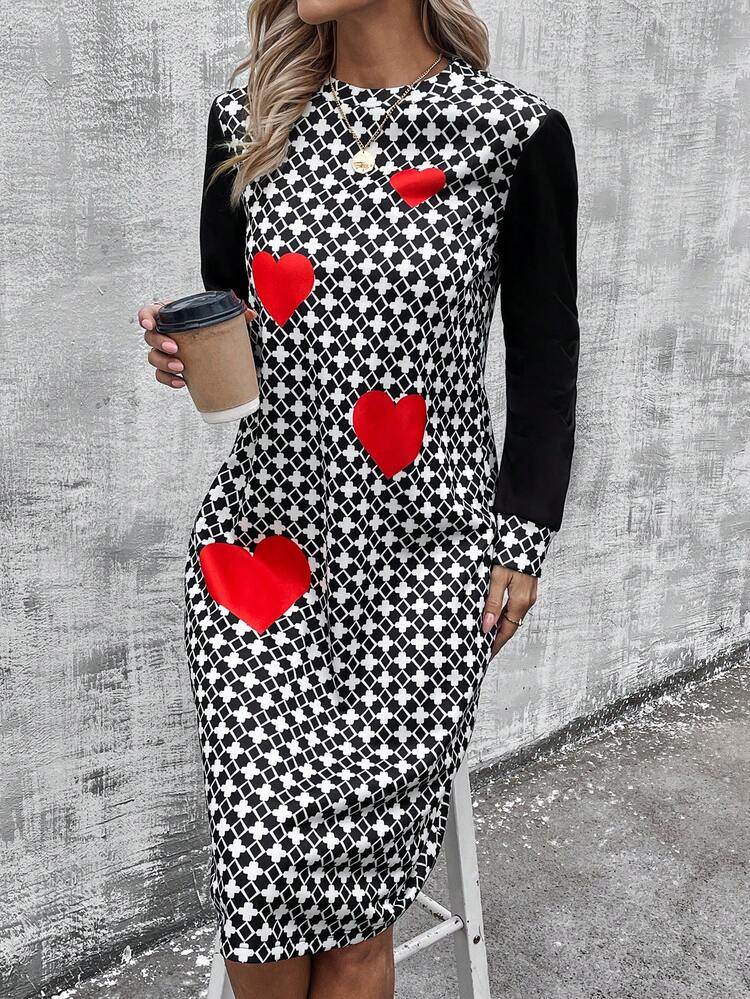 Women's Grid Heart Printed Straight Thermal Lined Dress