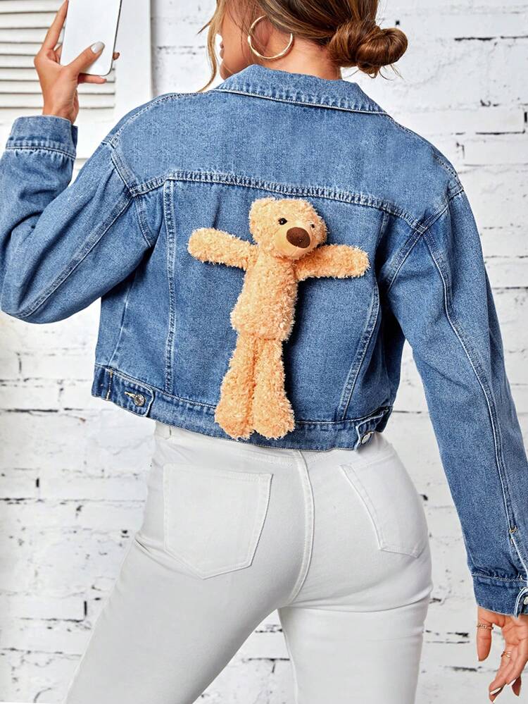 Women's Back Bear Doll Design Denim Jacket
