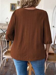 SHEIN LUNE Plus Size Women'S Puff Sleeve T-Shirt - Brown - View 2