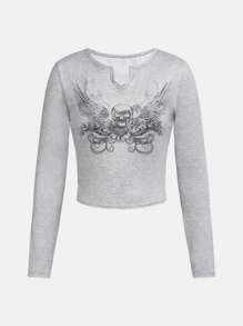 SHEIN Explorewe 年輕女孩的y2k風格骷髏印花t恤 - 灰色 - 查看 1