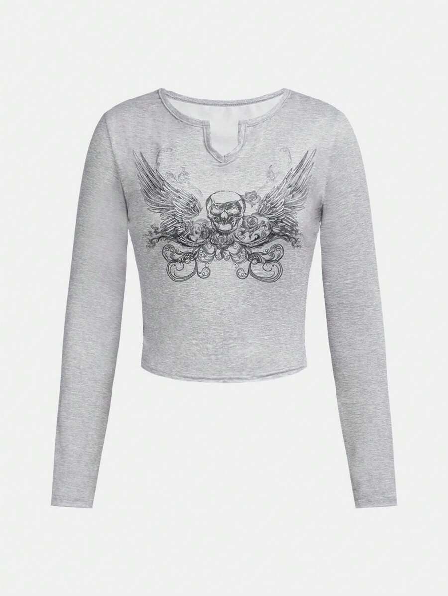 SHEIN Explorewe 年輕女孩的y2k風格骷髏印花t恤 - 灰色 - 查看 1