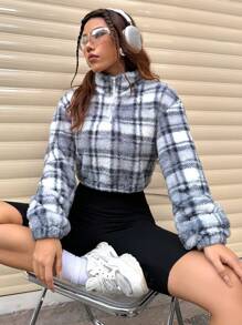 SHEIN Unity Kẻ sọc 	
Fuzzy Nửa Zip Quần skinny Áo nỉ - Màu xanh bụi bặm - Xem 3