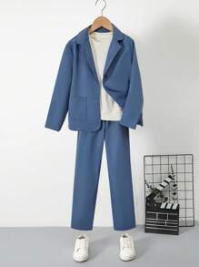 SHEIN Tween Boy 2pcs/Set Formal Casual Suit With Long Pants, Suitable For Job Interview, Wedding And Other Formal Occasions, The Set Does Not Include A T-Shirt