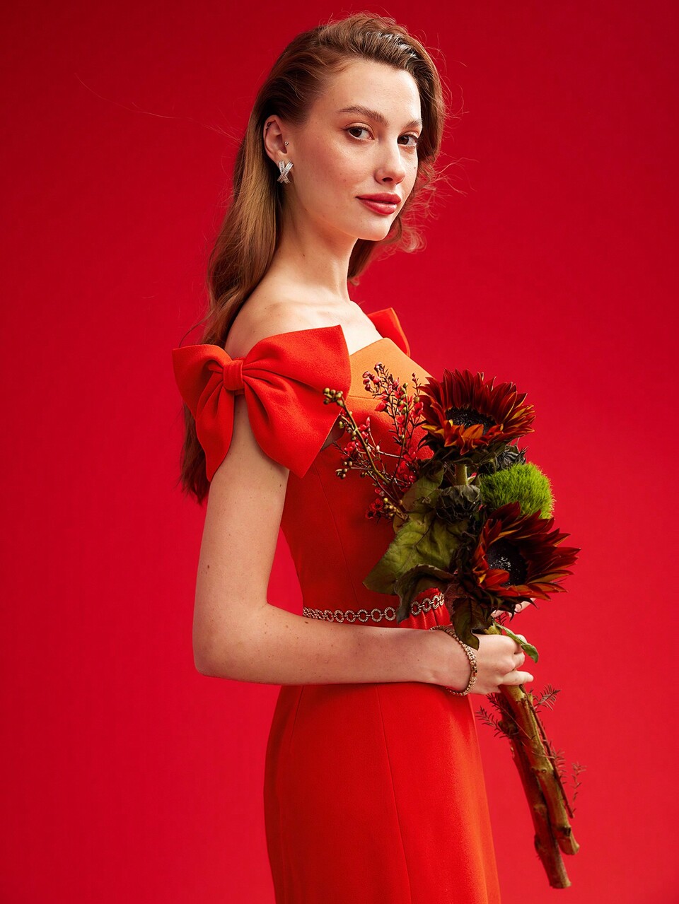 WOVEN WOMEN'S BOW DETAIL OFF SHOULDER DRESS,VALENTINE'S DAY OUTFIT